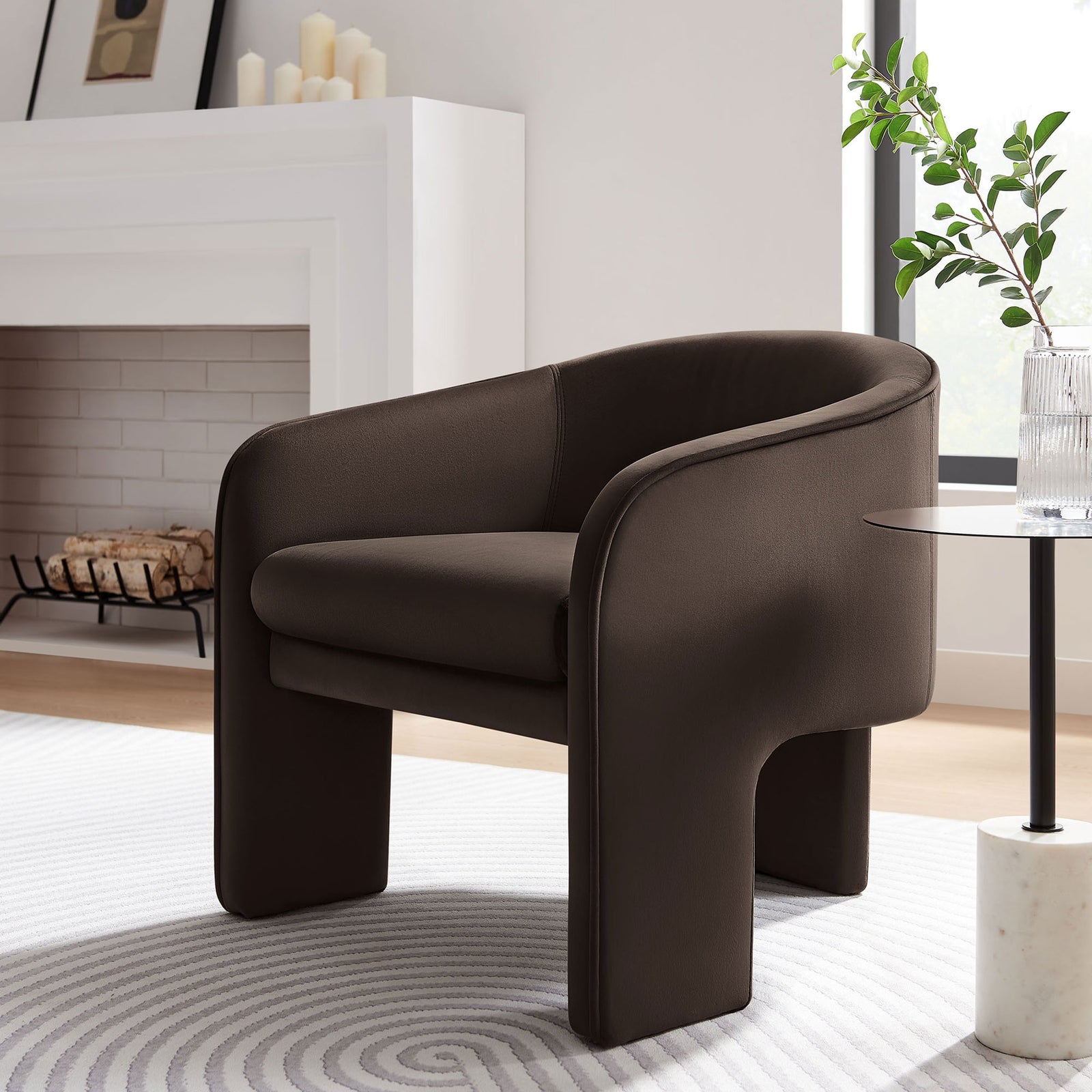 Statement barrel chair brings warm chocolate velvet and cozy curves to any living space || EEI-7102-CHB || front_angle_room
