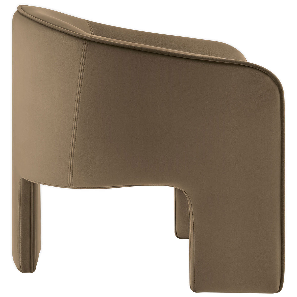 Seam-tailored back and sleek silhouette highlight the armchair's modern curves and unique three-leg form || EEI-7102-TAU || back_angle_studio