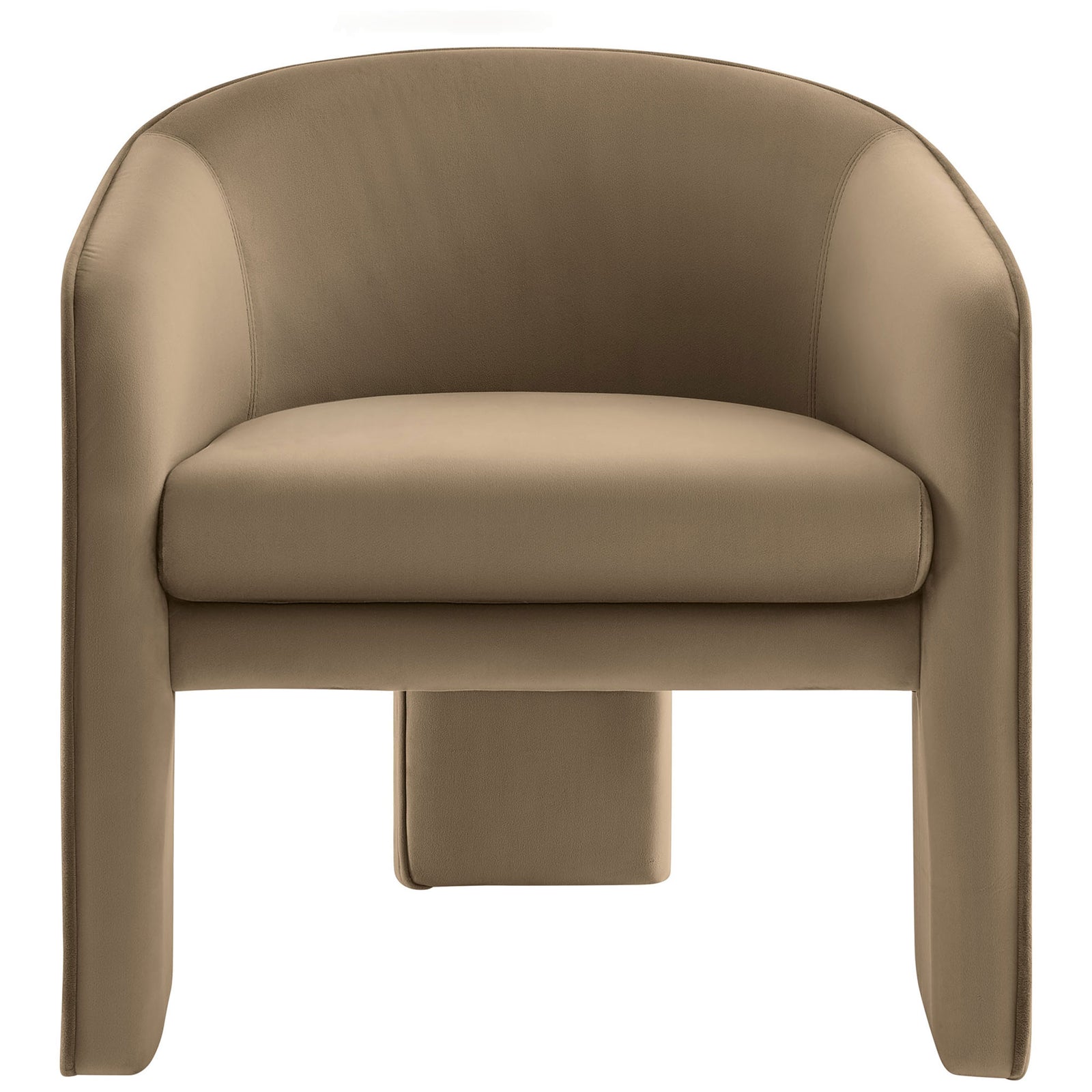 Taupe performance velvet armchair with a cocooning barrel back, plush seat, and bold three-leg design || EEI-7102-TAU || front_studio