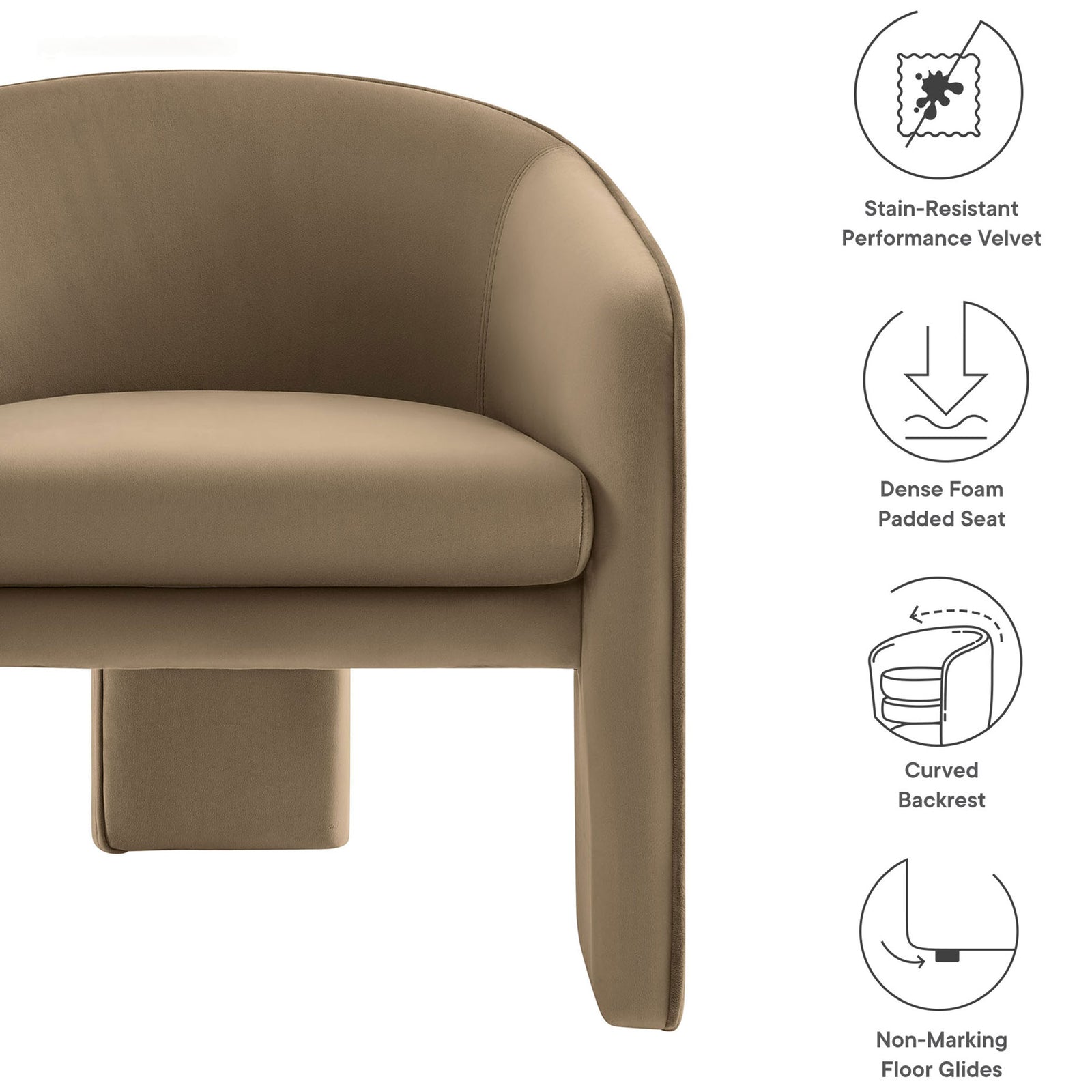 Key features include performance velvet, dense foam seat, curved backrest, and non-marking floor glides || EEI-7102-TAU || callout_studio