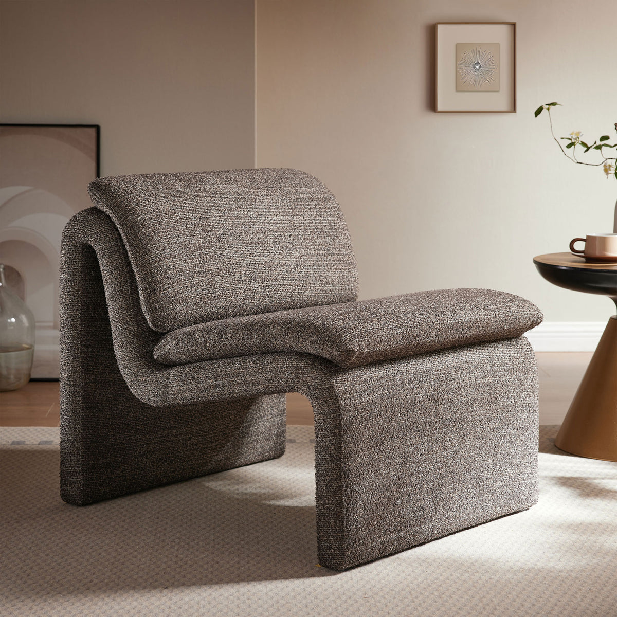 Bold, continuous curves and boucle upholstery bring modern warmth to any seating area || EEI-7103-ATQ || front_angle_room