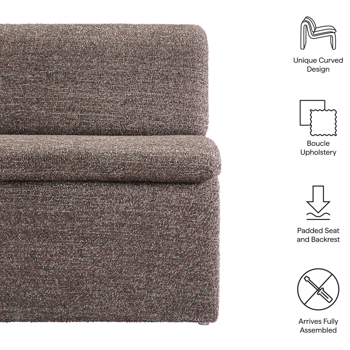 Feature highlights include curved design, boucle fabric, padded comfort, and fully assembled convenience || EEI-7103-ATQ || callout_studio