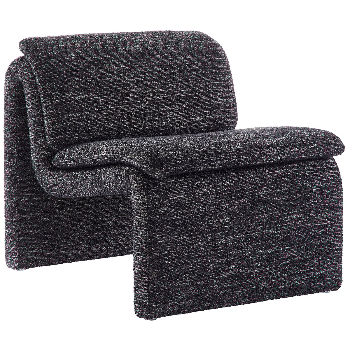 Seamlessly curved lounge chair in soft charcoal boucle with supportive cushioning and modern poise. || EEI-7103-CHA || front_angle_studio
