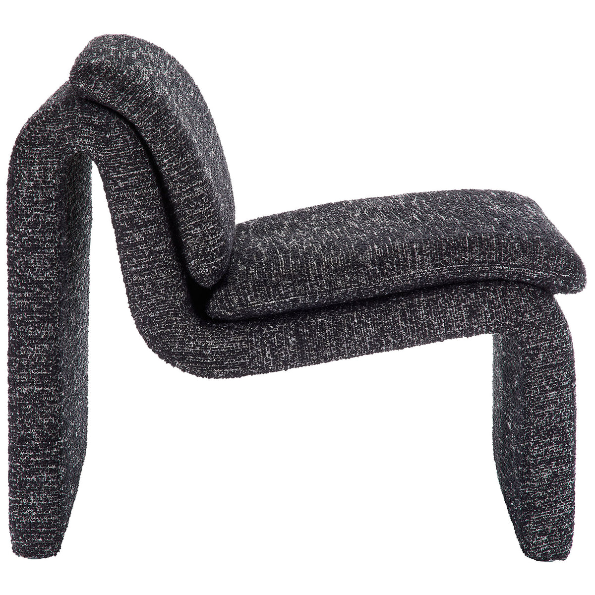 Undulating profile showcases the continuous curve from back to base, wrapped in textured charcoal boucle. || EEI-7103-CHA || side_studio