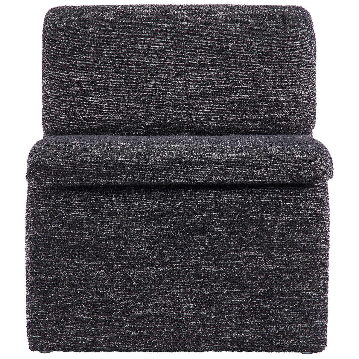 Sculptural boucle accent chair with plush seat and flowing, armless silhouette in deep charcoal. || EEI-7103-CHA || front_studio