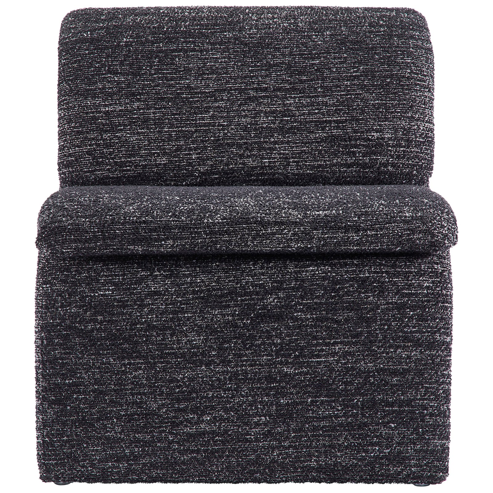 Sculptural boucle accent chair with plush seat and flowing, armless silhouette in deep charcoal. || EEI-7103-CHA || front_studio