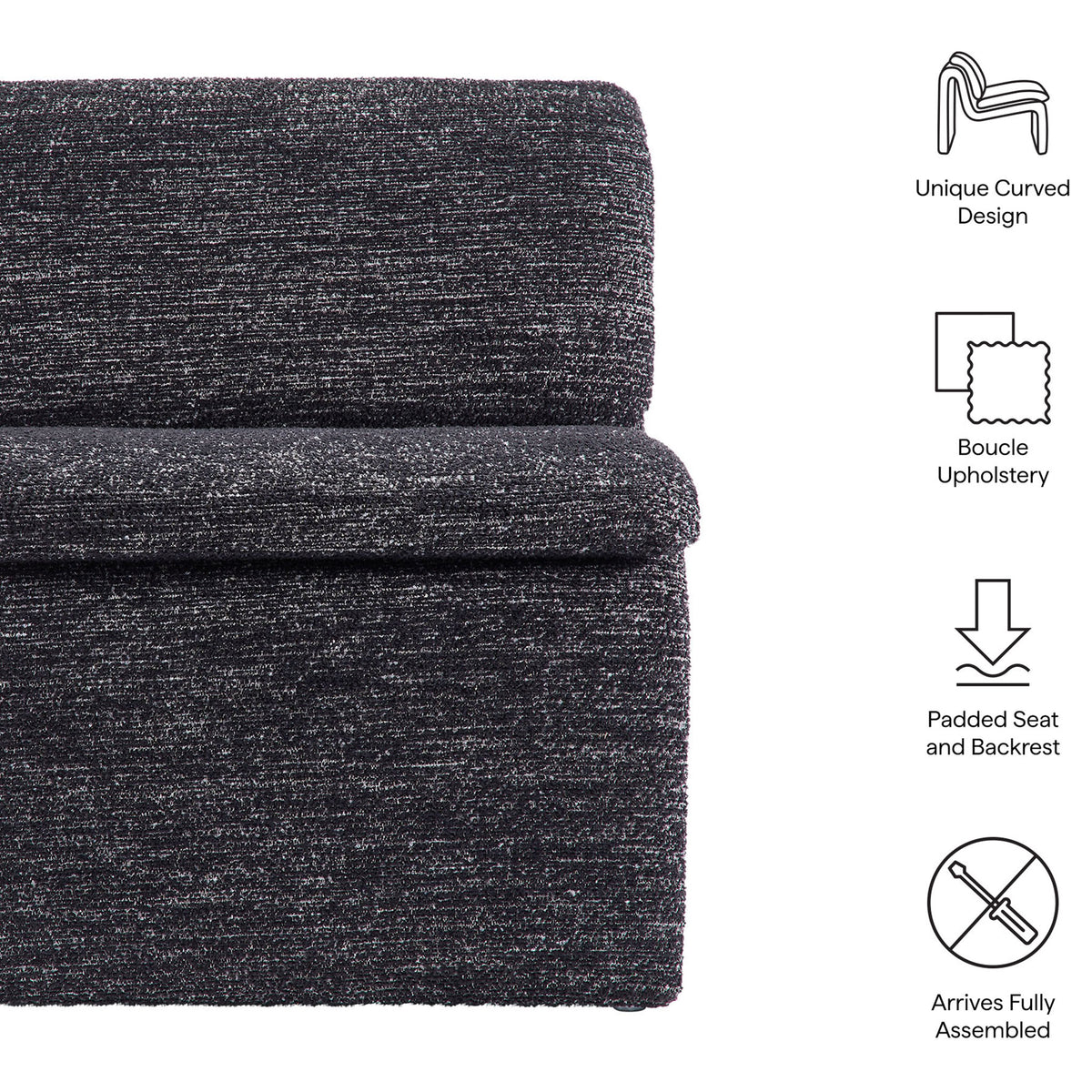 Modern curved accent chair features plush boucle upholstery and a comfortably contoured seat. || EEI-7103-CHA || callout_studio