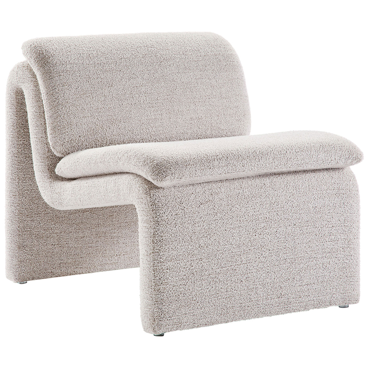 Sculptural boucle accent chair with smooth continuous curves and plush cushioning in soft parchment || EEI-7103-PCH || front_angle_studio