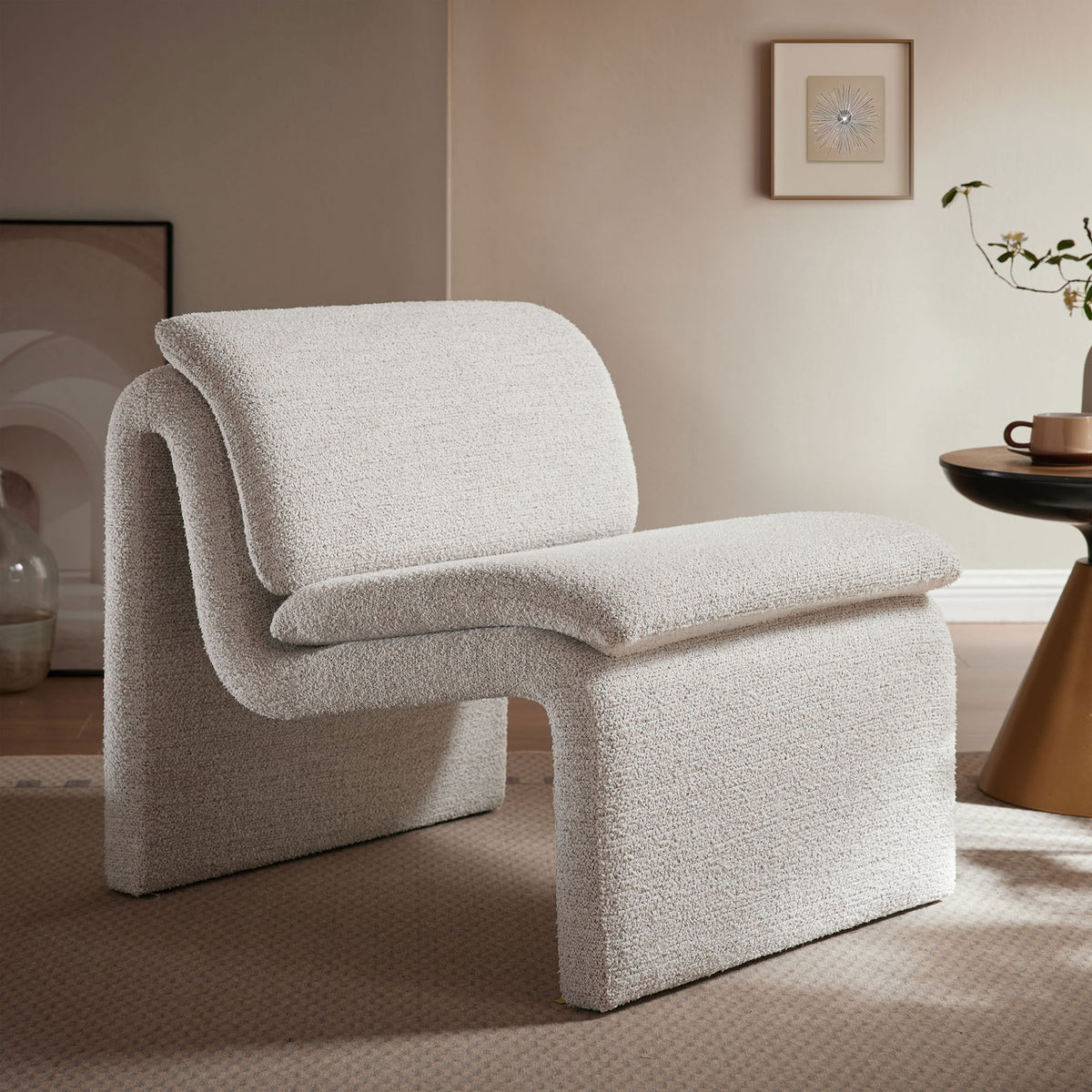 Statement curved accent chair in parchment boucle adds effortless warmth and style to any space || EEI-7103-PCH || front_angle_room