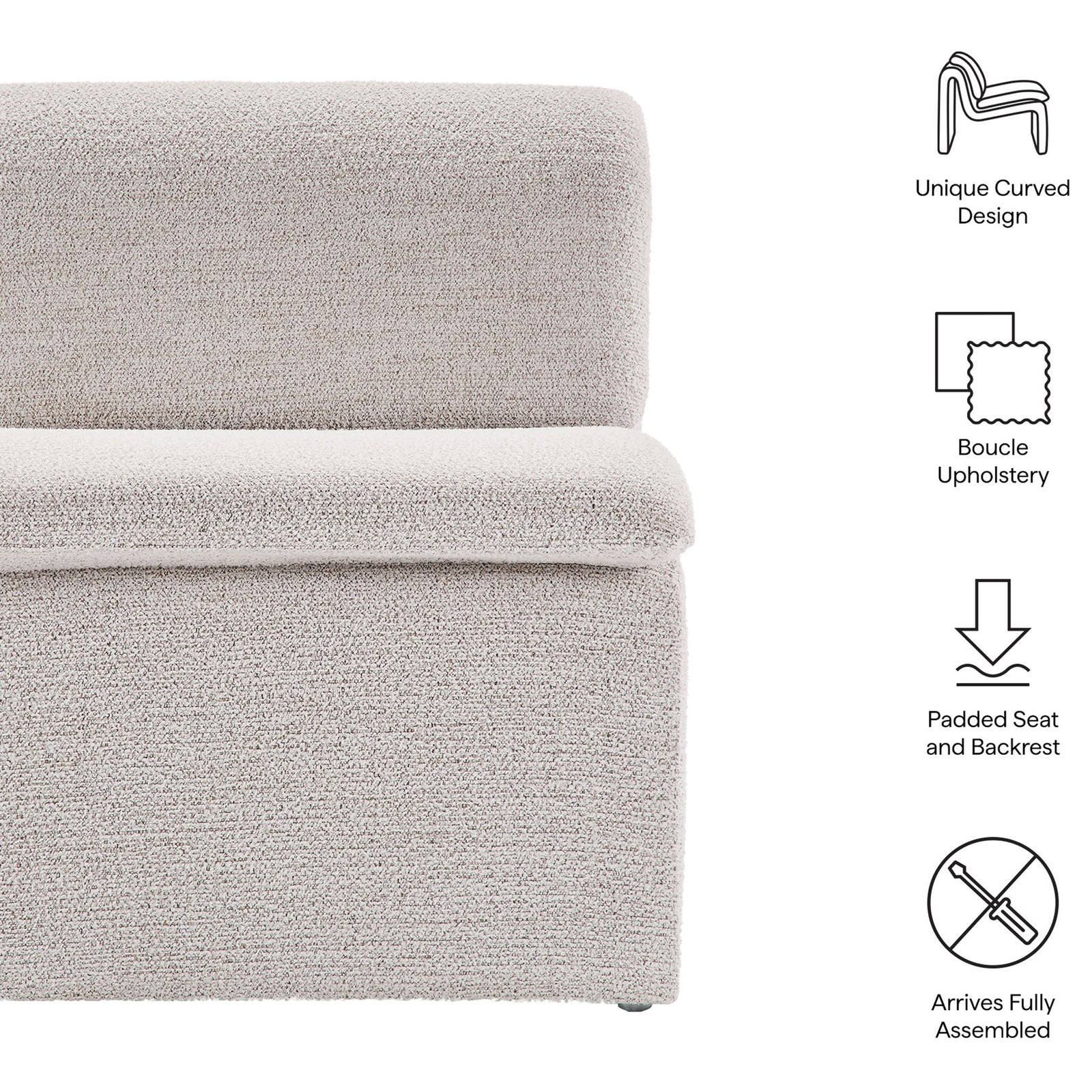 Unique curved design with padded seat and back in cozy boucle, arriving fully assembled || EEI-7103-PCH || callout_studio