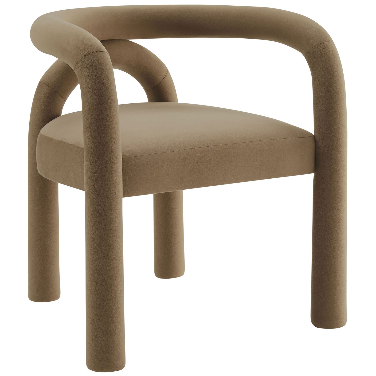 Sculptural camel velvet barrel chair with rounded tubular arms and supportive foam-padded seat || EEI-7104-CAM || front_angle_studio