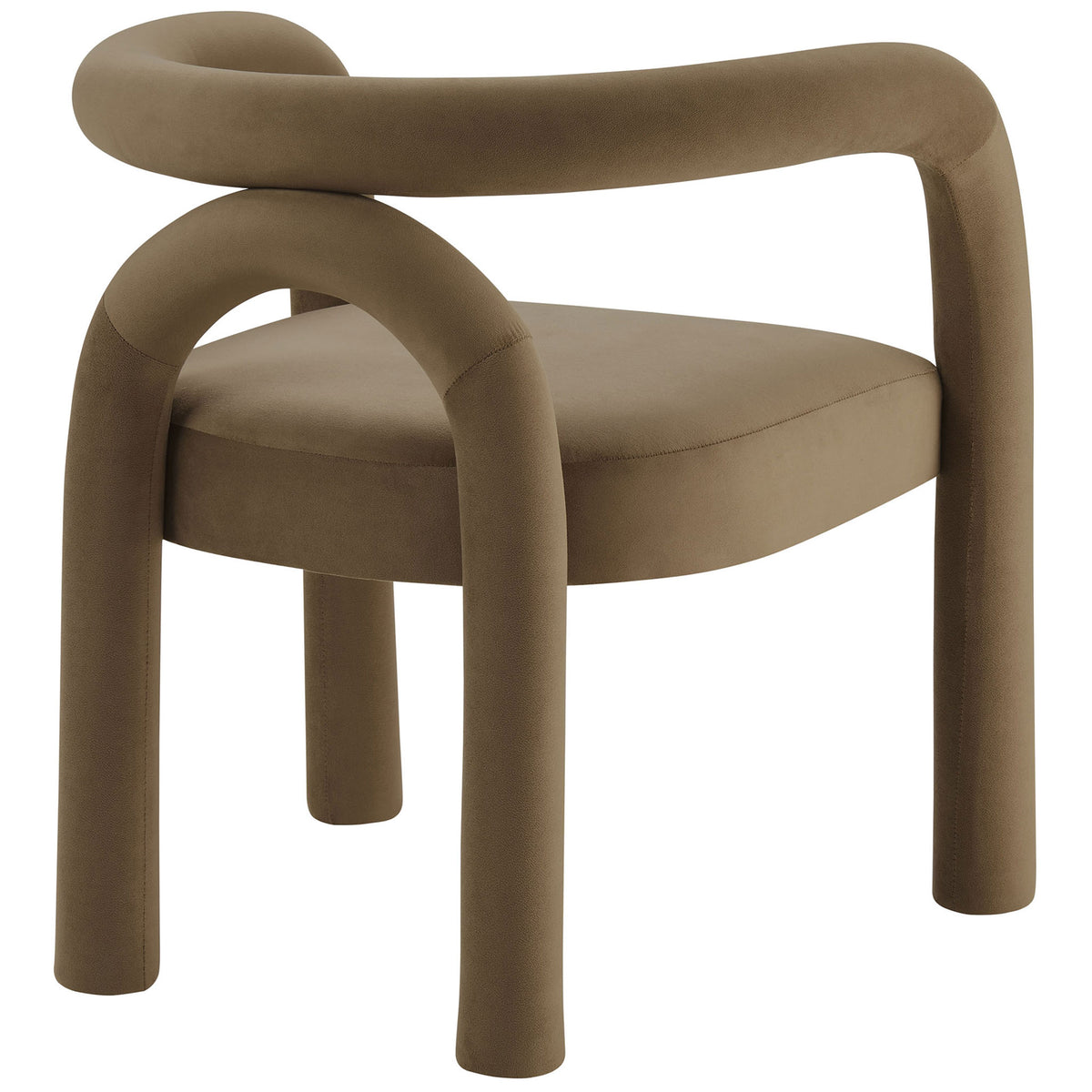 Open-back camel velvet dining chair showcasing its curved arch support and modern barrel silhouette || EEI-7104-CAM || back_angle_studio