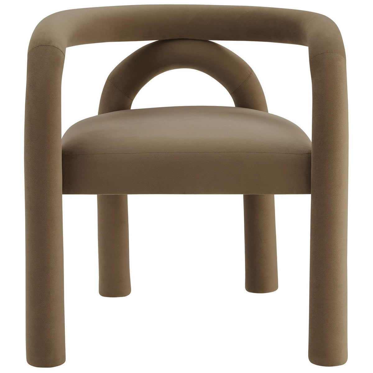Camel barrel dining chair emphasizing the sculpted arch backrest and thick rounded legs || EEI-7104-CAM || front_studio
