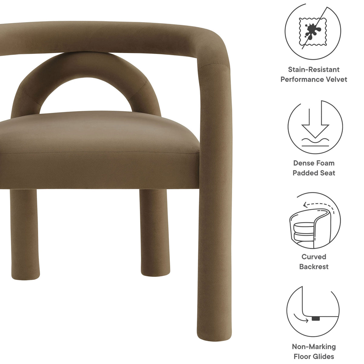 Feature graphic of the camel Astrid chair with icons for stain-resistant velvet and dense foam seat || EEI-7104-CAM || callout_studio