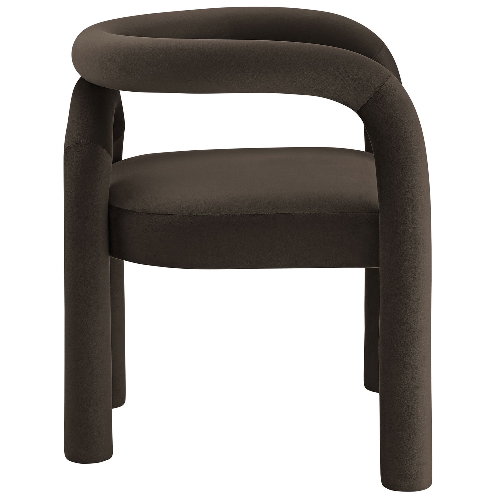 Cocoa velvet barrel dining chair with plush seat and sculpted arch backrest || EEI-7104-COA || front_studio