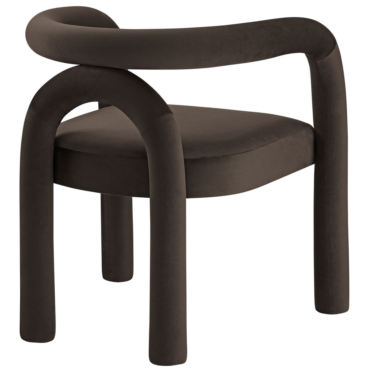 Curved cocoa velvet chair showcasing the open arch back and smooth performance upholstery || EEI-7104-COA || back_angle_studio