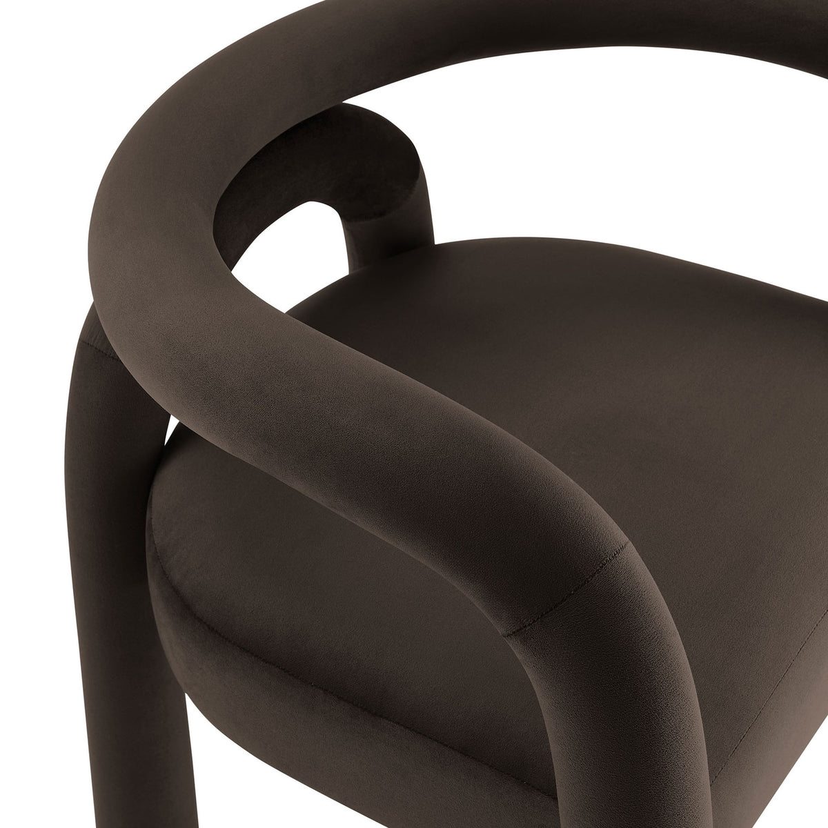 Cocoa velvet chair emphasizing the seamless upholstery and softly rounded arm contour || EEI-7104-COA || detail_studio