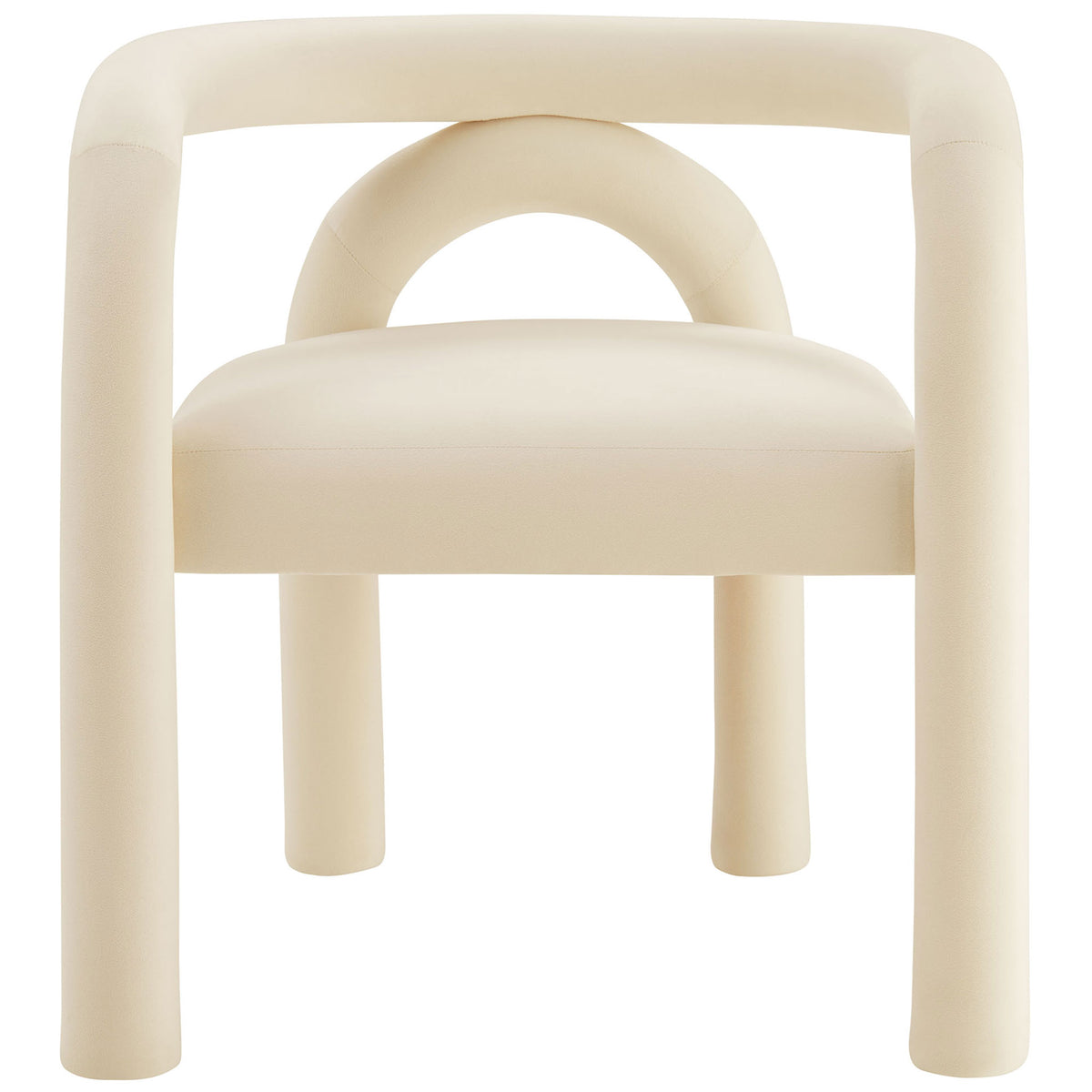 Straight-on back view of porcelain barrel dining chair showcasing open arch detail and bold legs || EEI-7104-POR || front_studio