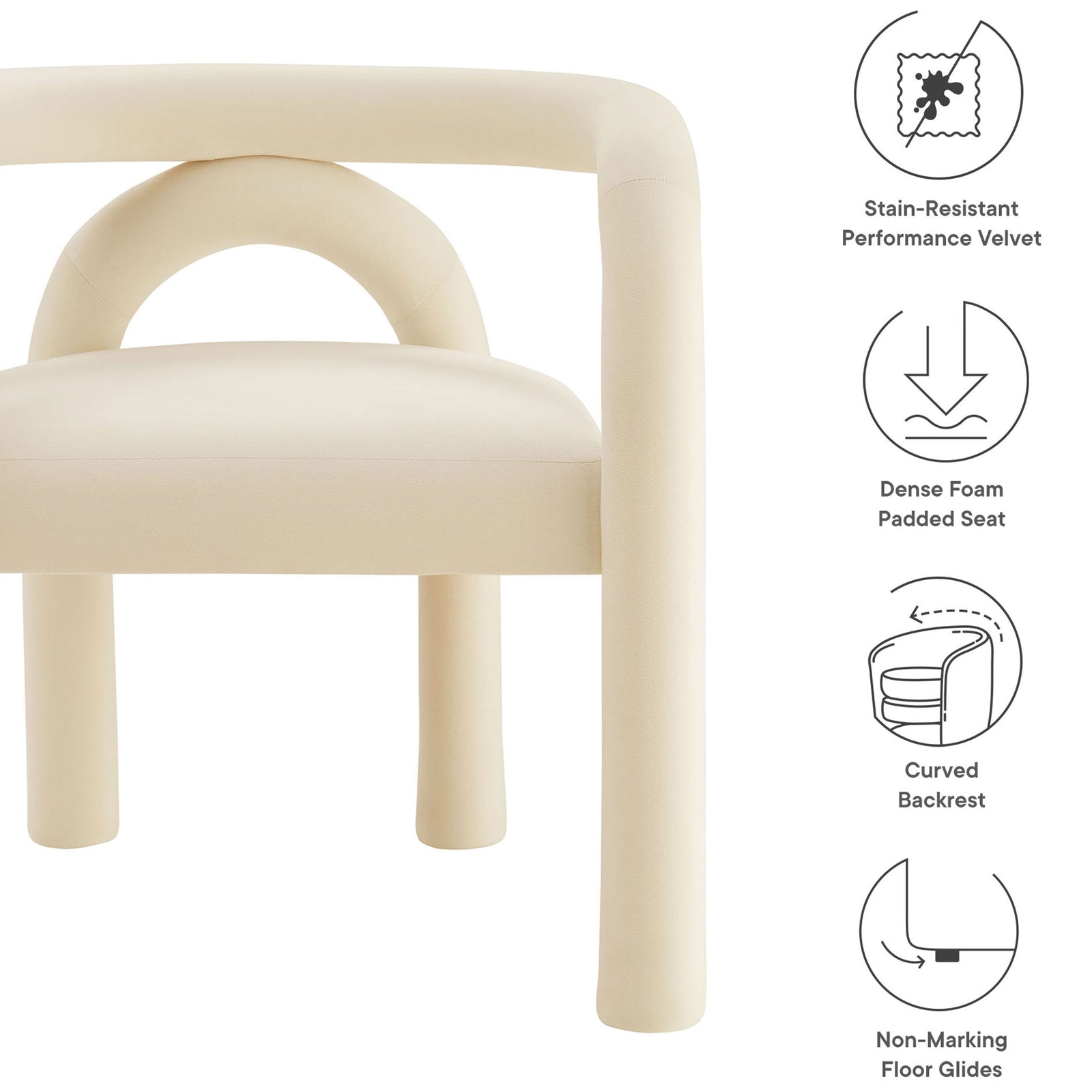 Front view of porcelain velvet dining chair with icons highlighting stain resistance and cushioned comfort || EEI-7104-POR || callout_studio