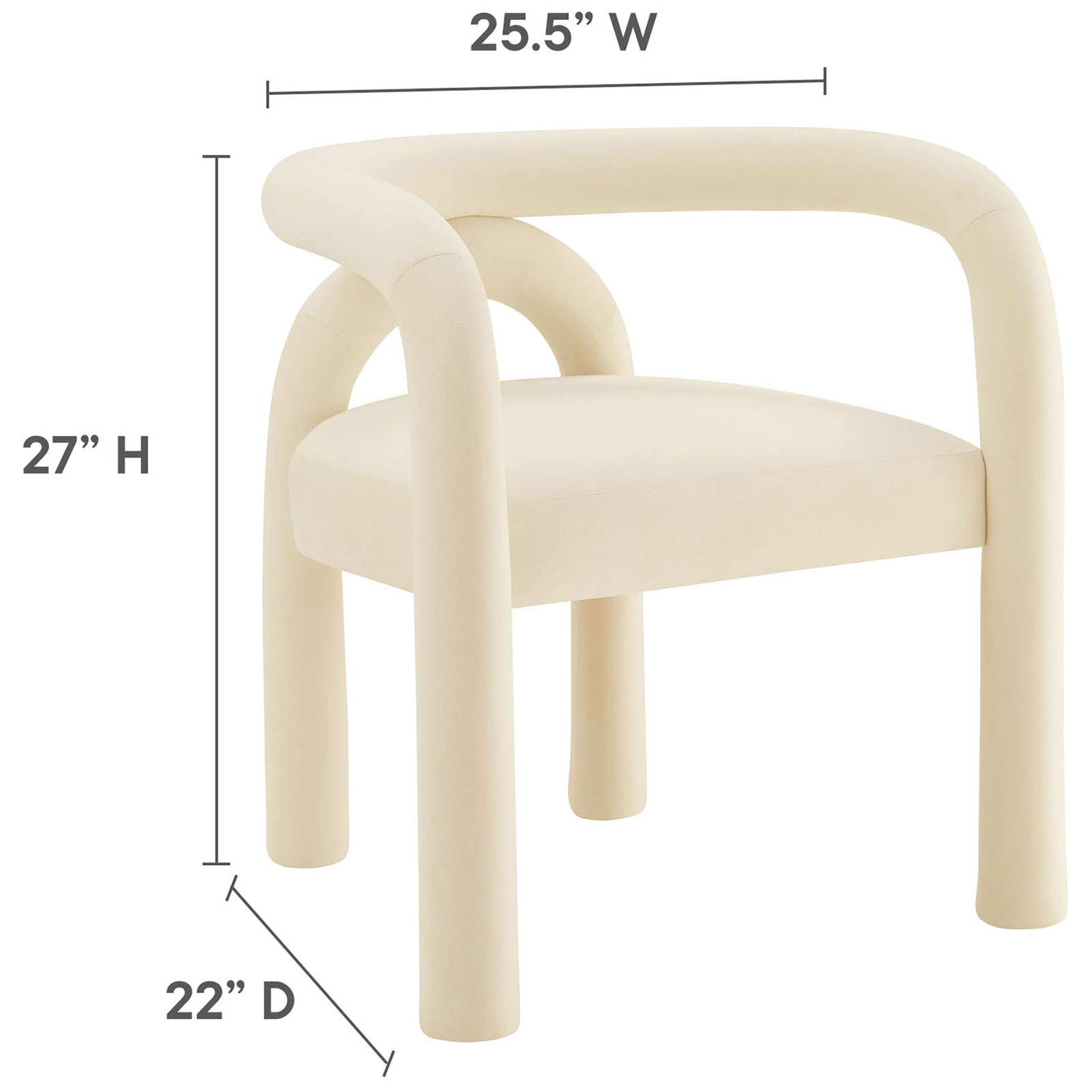 Porcelain velvet barrel dining chair with clearly marked height width and depth dimensions || EEI-7104-POR || dimension_studio