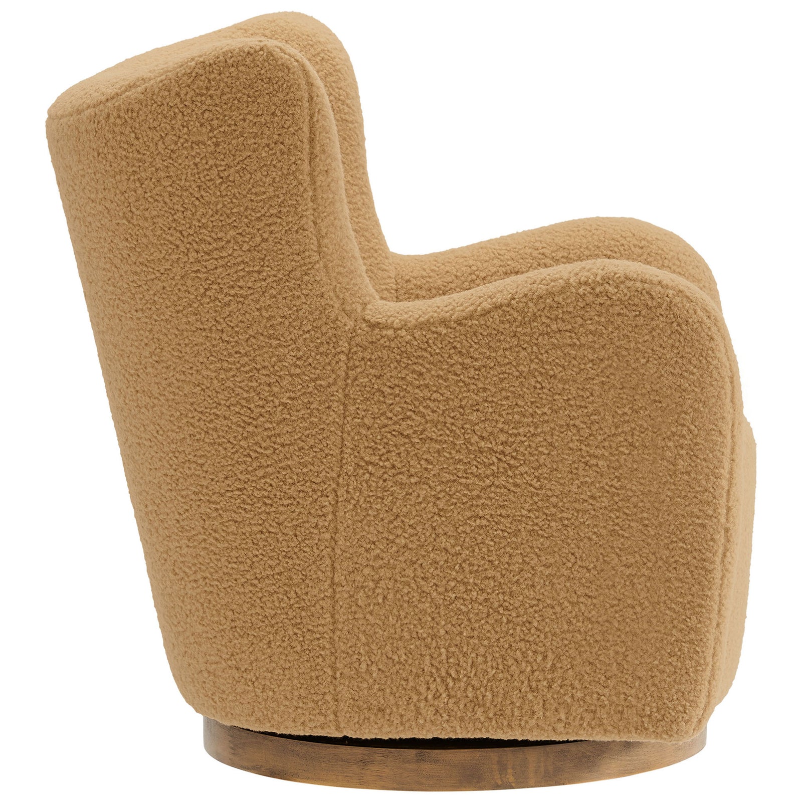 Sculpted sherpa upholstery wraps the winged back, grounded by a sturdy walnut-tone swivel base || EEI-7105-CAM-WAL || back_angle_studio