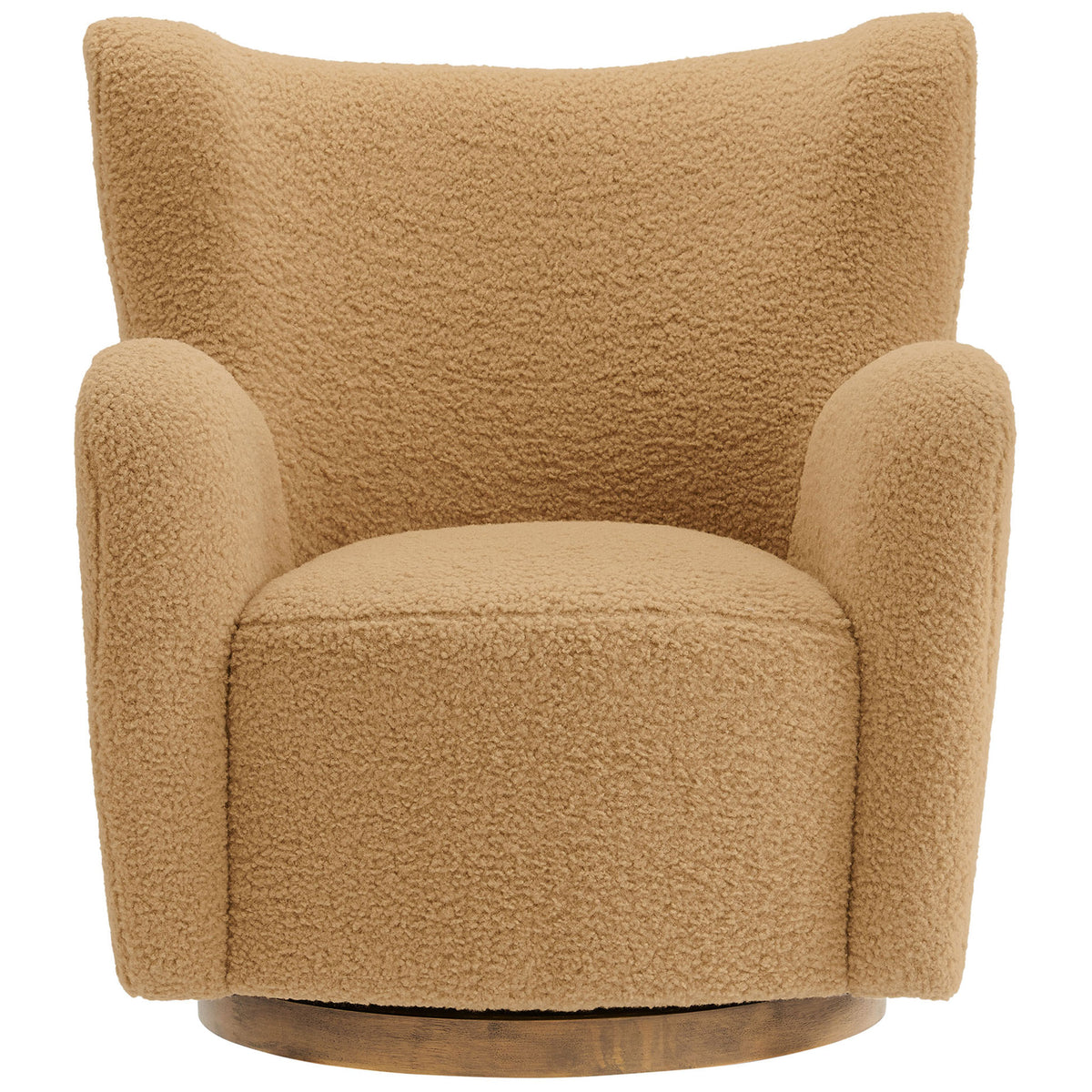 Plush camel sherpa wingback chair with curved arms and a smooth walnut swivel base || EEI-7105-CAM-WAL || front_studio