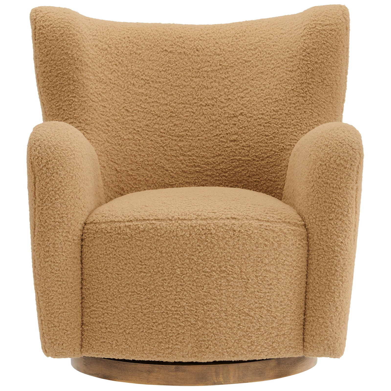 Plush camel sherpa wingback chair with curved arms and a smooth walnut swivel base || EEI-7105-CAM-WAL || front_studio