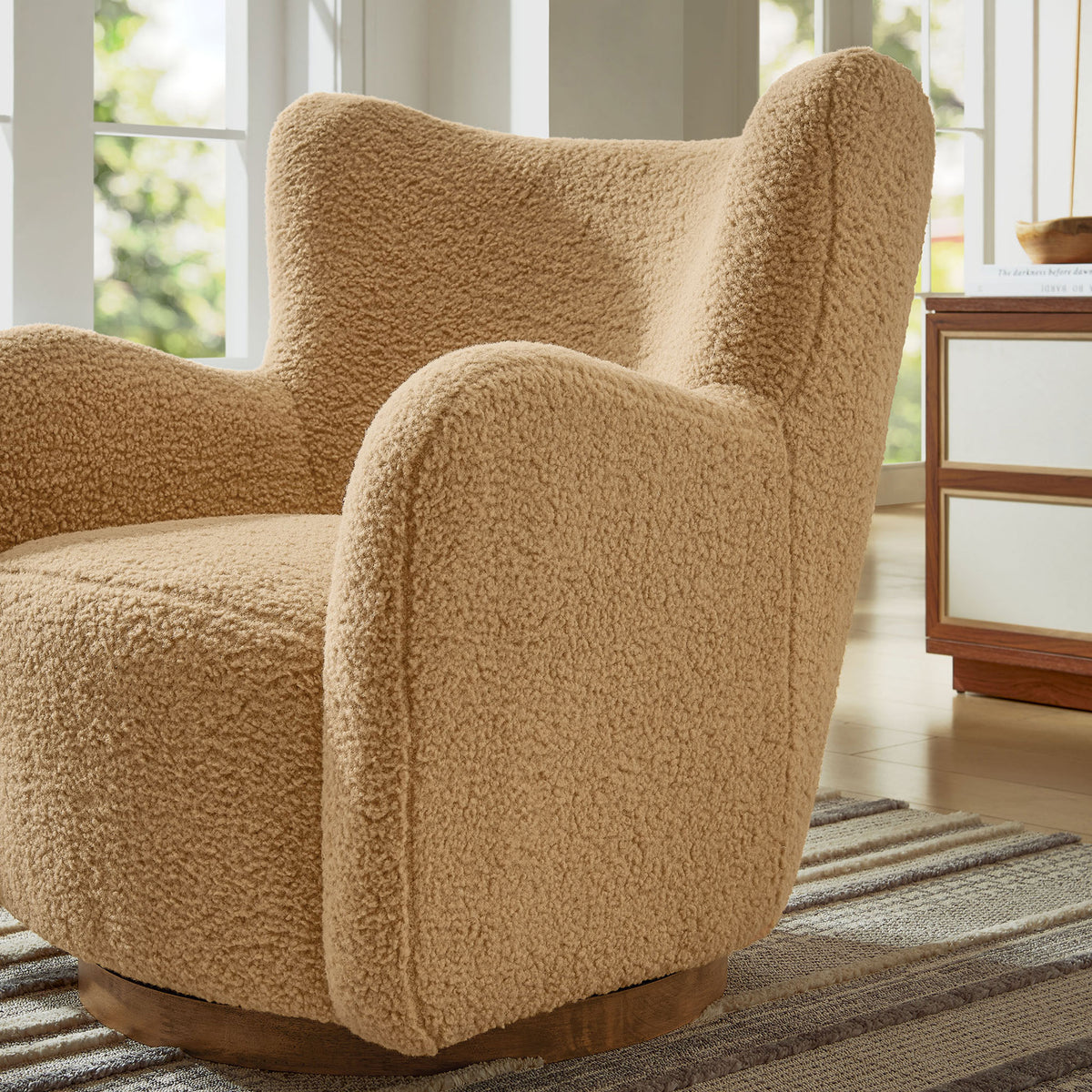 Warm camel sherpa adds cozy texture to modern spaces, paired with a walnut swivel base || EEI-7105-CAM-WAL || front_angle_room