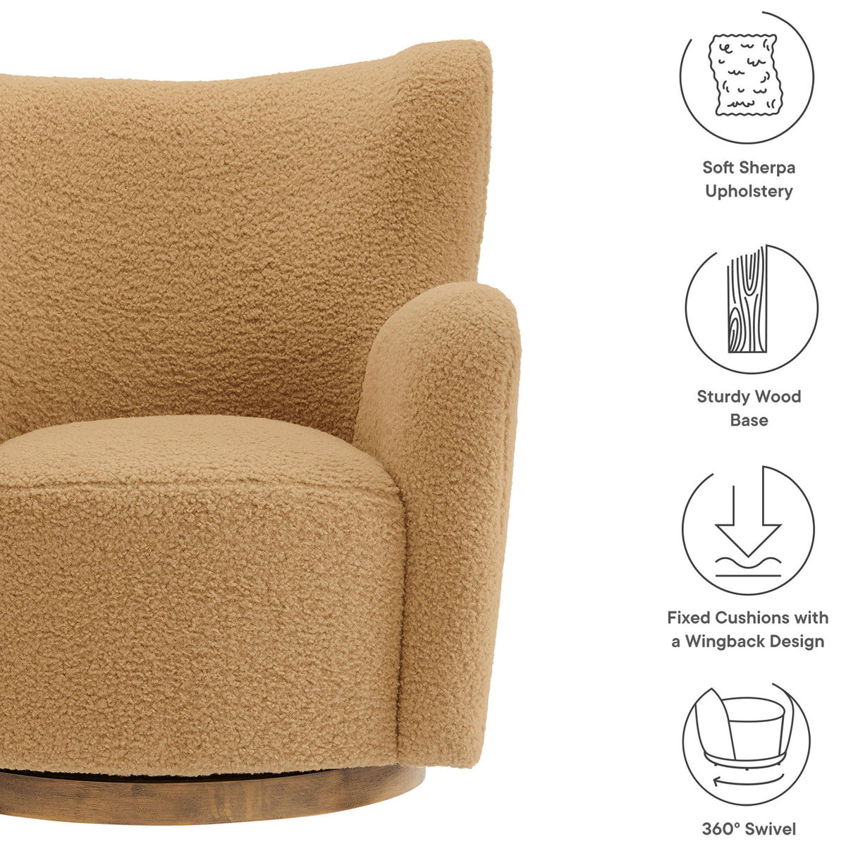 Key features: soft sherpa upholstery, wingback support, sturdy wood base, and smooth 360-degree swivel || EEI-7105-CAM-WAL || callout_studio