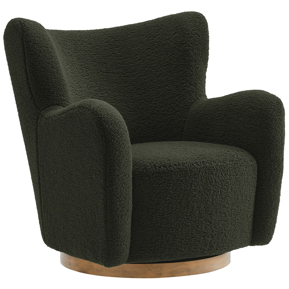Cozy barrel silhouette with soft sherpa upholstery and a smooth 360-degree swivel on a warm wood base || EEI-7105-FRN-WAL || front_angle_studio