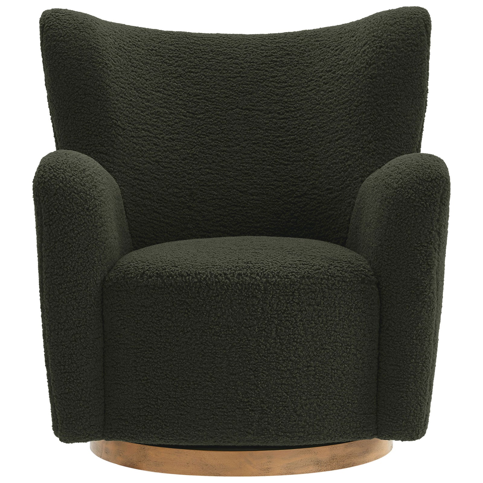 Plush sherpa wingback chair with rounded arms and a walnut swivel base in deep fern green || EEI-7105-FRN-WAL || front_studio