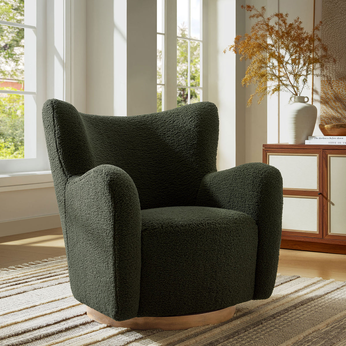 Wingback sherpa lounge chair with generous seat and wood swivel base, perfect for relaxing || EEI-7105-FRN-WAL || front_room