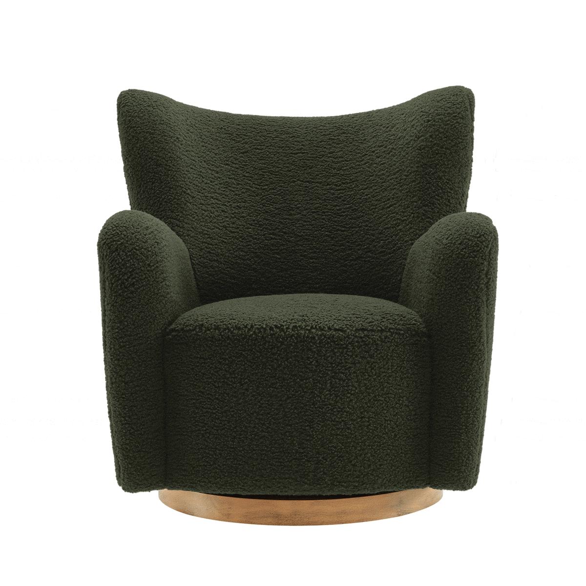 Sherpa wingback accent chair shows its 360-degree swivel atop a rustic walnut round base || EEI-7105-FRN-WAL || front_angle_studio