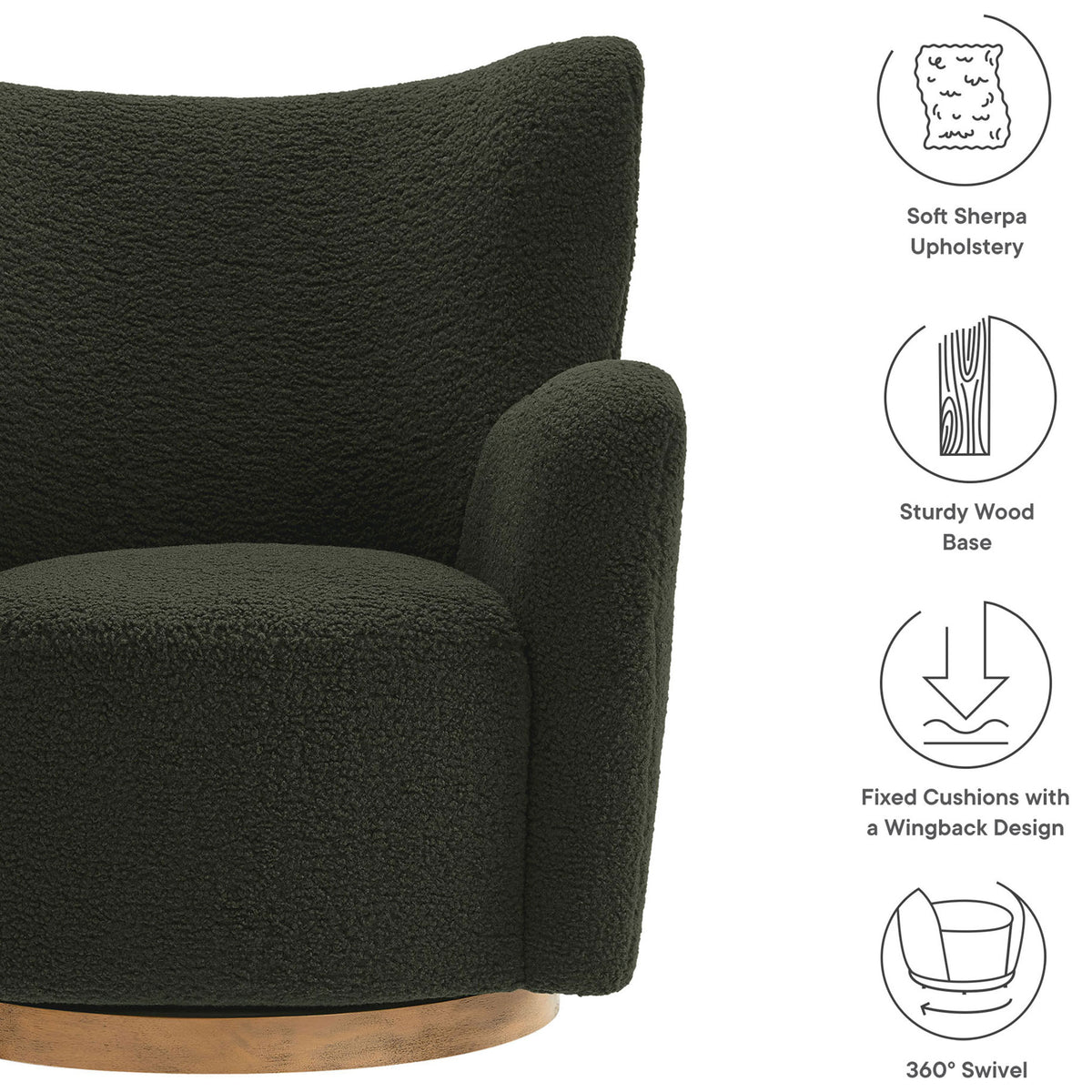 Key features include soft sherpa, sturdy wood base, fixed cushions, and smooth 360-degree swivel || EEI-7105-FRN-WAL || callout_studio