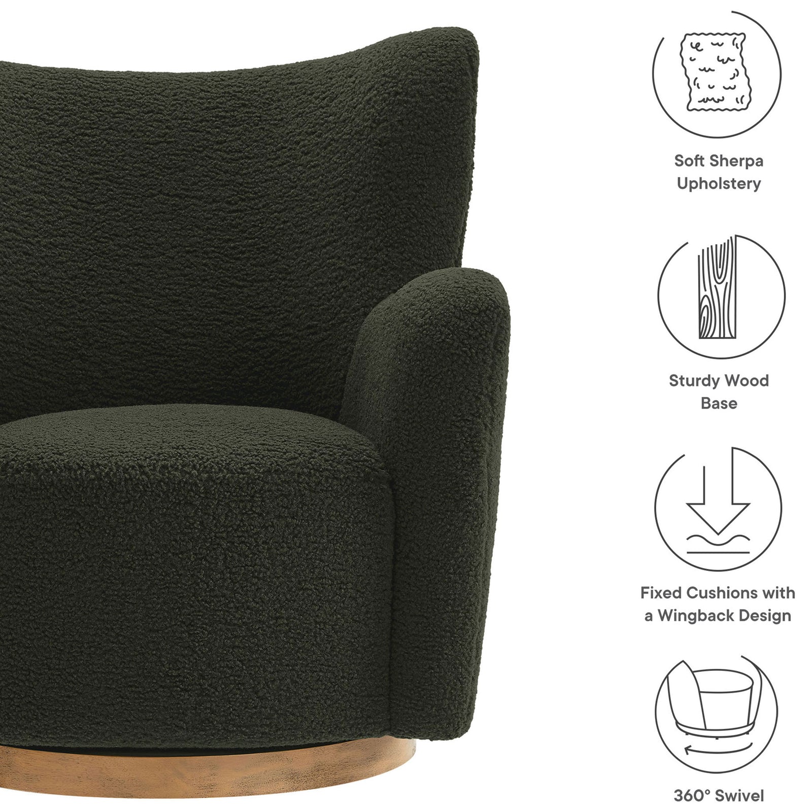 Key features include soft sherpa, sturdy wood base, fixed cushions, and smooth 360-degree swivel || EEI-7105-FRN-WAL || callout_studio
