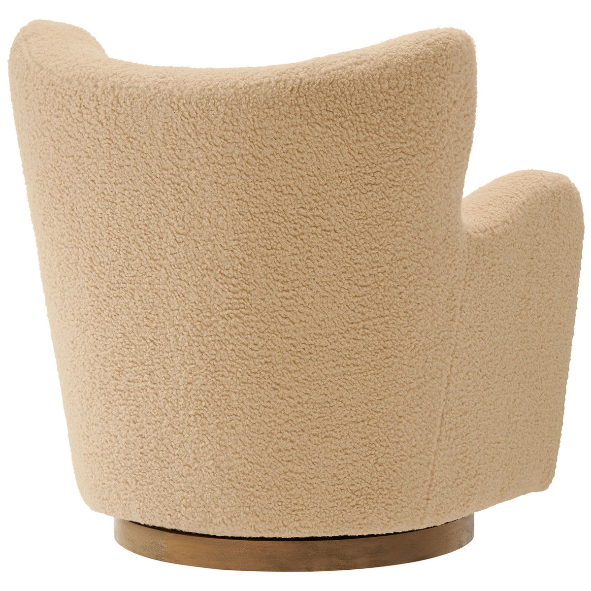 Sculpted wingback silhouette in teddy sherpa atop a wire-brushed walnut swivel pedestal. || EEI-7105-IVO-WAL || back_angle_studio