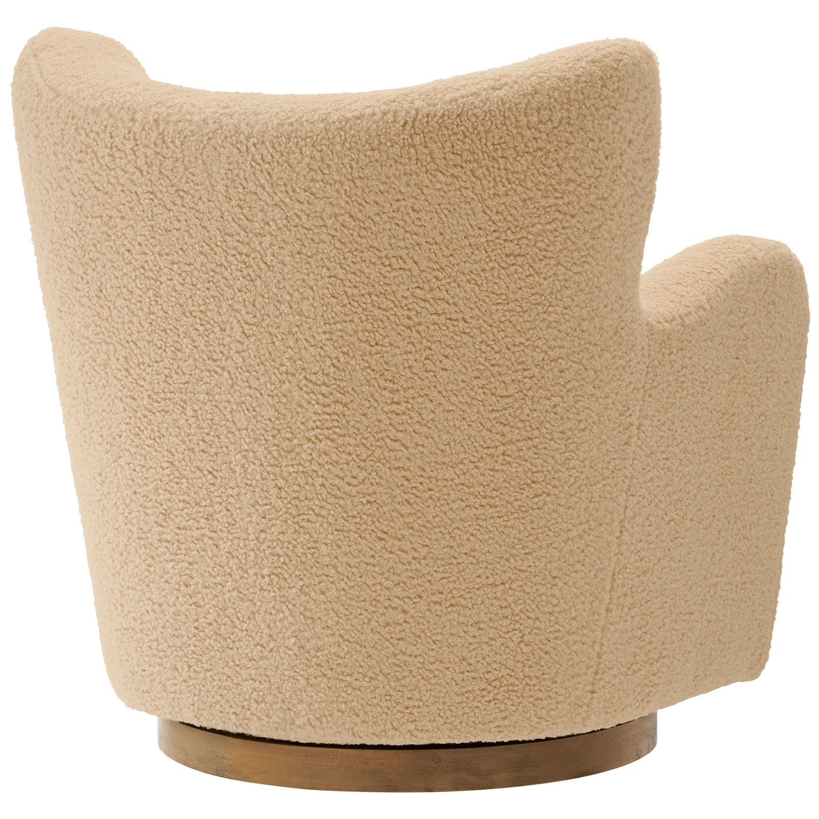 Sculpted wingback silhouette in teddy sherpa atop a wire-brushed walnut swivel pedestal. || EEI-7105-IVO-WAL || back_angle_studio