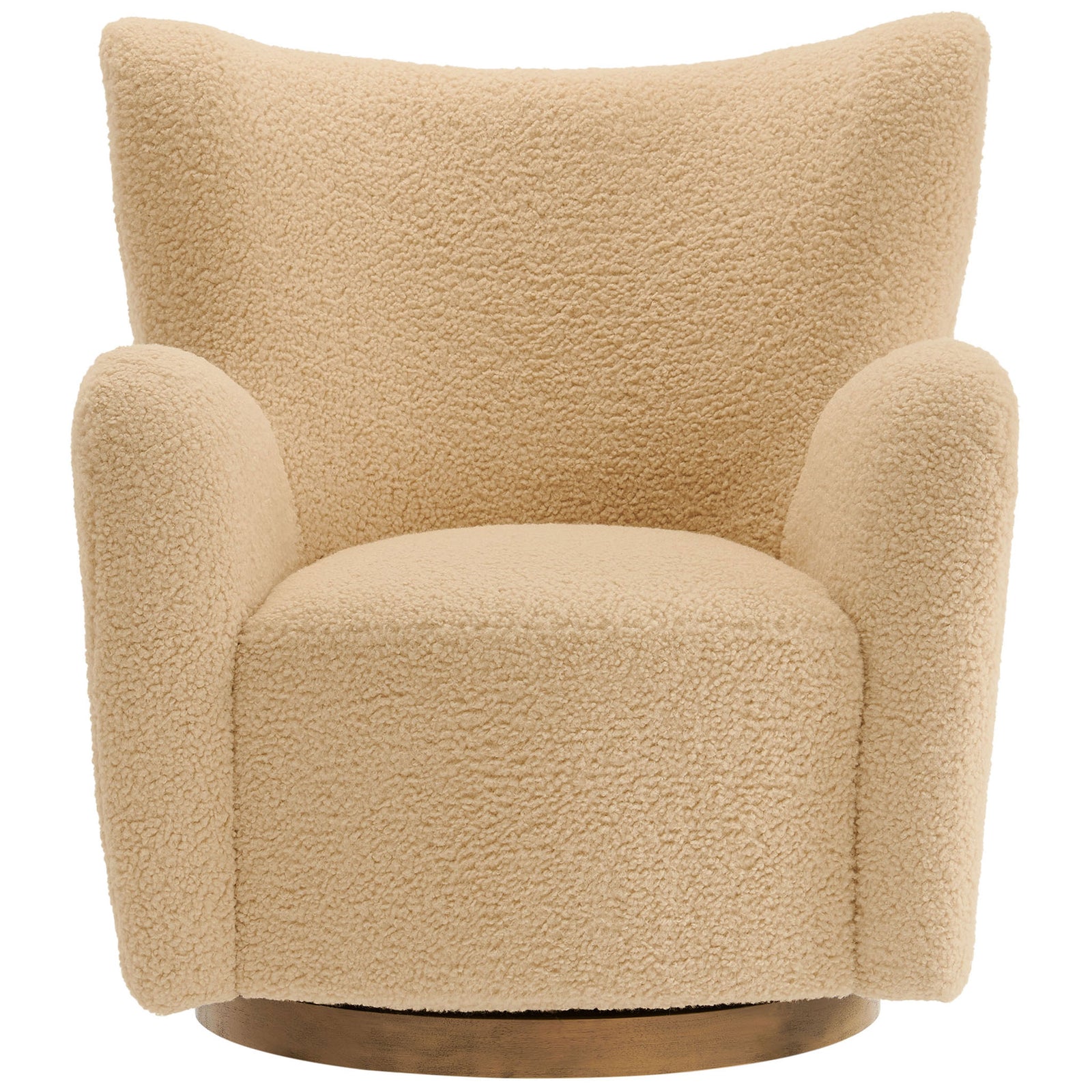 Cozy ivory sherpa wingback chair with plush cushioning and a smooth 360-degree swivel on a walnut wood base. || EEI-7105-IVO-WAL || front_studio