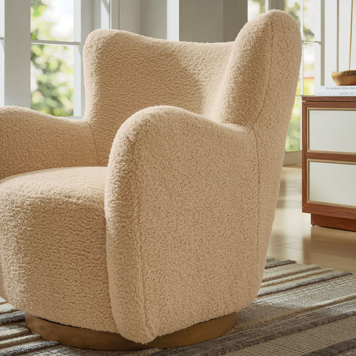 Inviting sherpa accent chair adds warm texture and modern comfort to your living space. || EEI-7105-IVO-WAL || front_angle_room