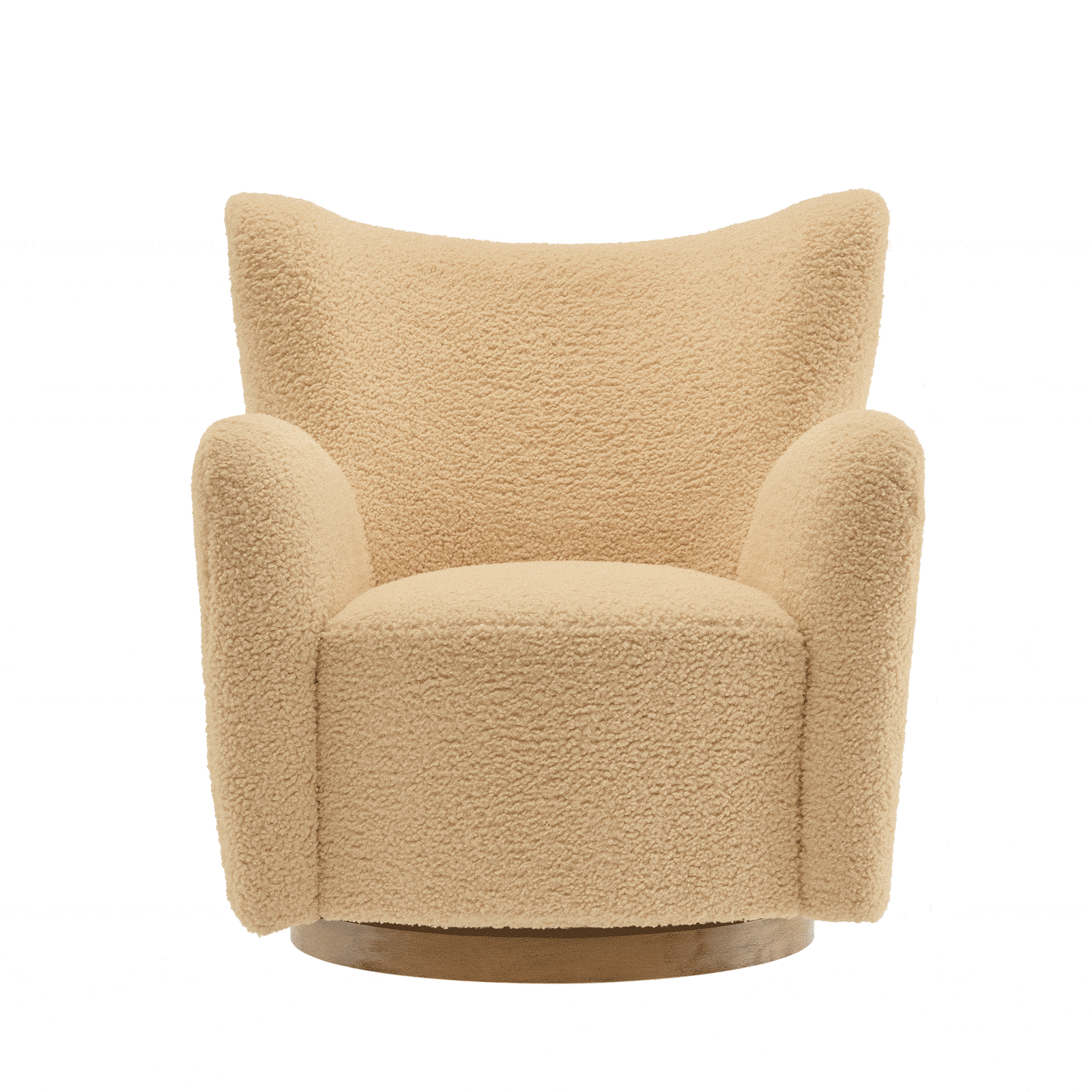 Barrel-style accent chair in soft sherpa, featuring supportive wings and a sturdy walnut pedestal swivel base. || EEI-7105-IVO-WAL || front_studio