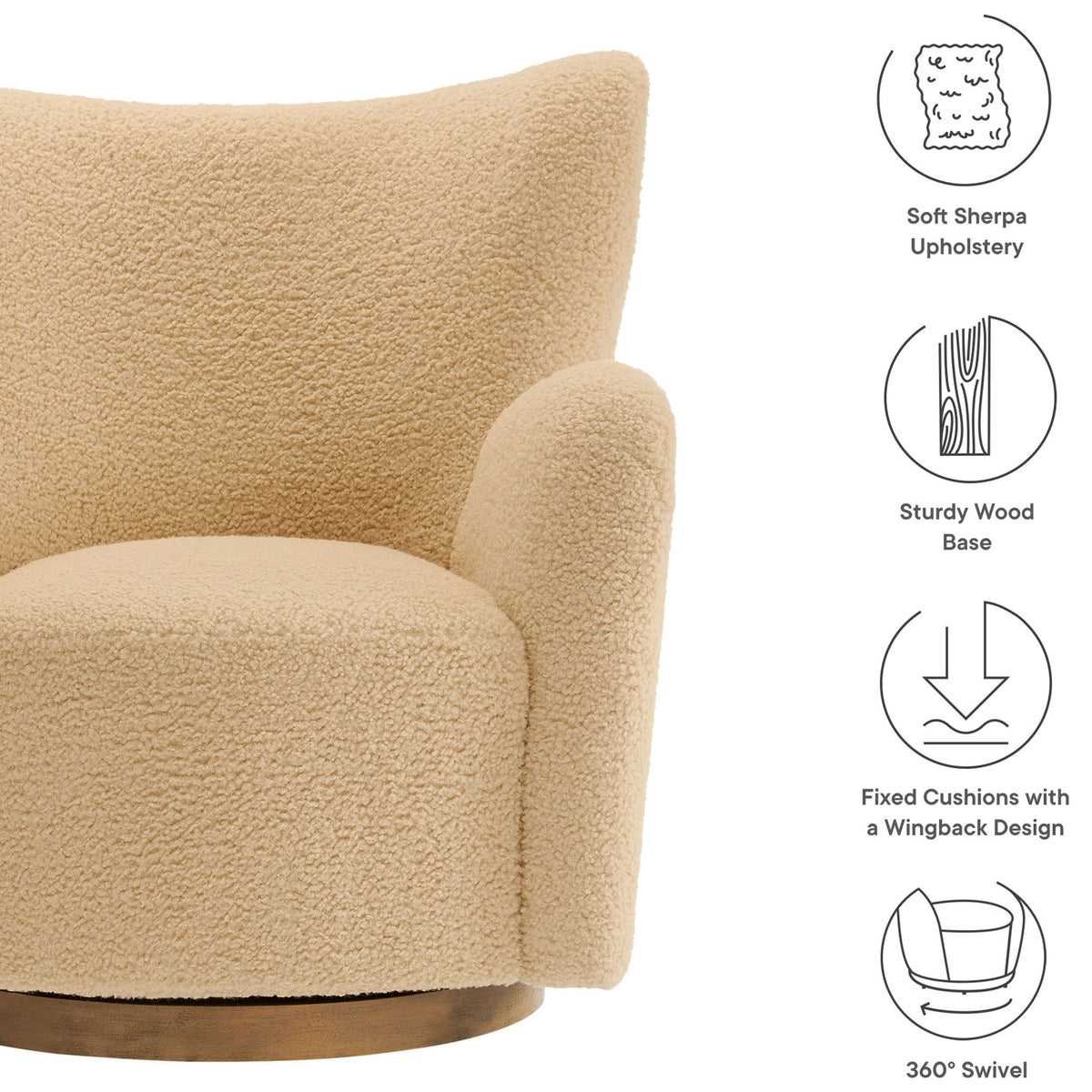 Soft sherpa upholstery, fixed cushions, and a 360-degree swivel wood base for everyday comfort. || EEI-7105-IVO-WAL || callout_studio