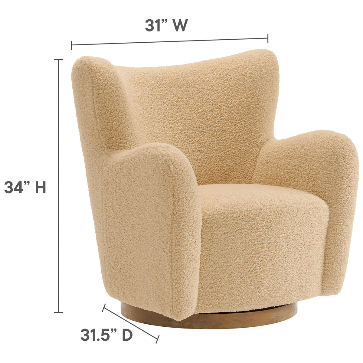Compact wingback design with generous seating and a round swivel base suited for modern spaces. || EEI-7105-IVO-WAL || dimension_studio