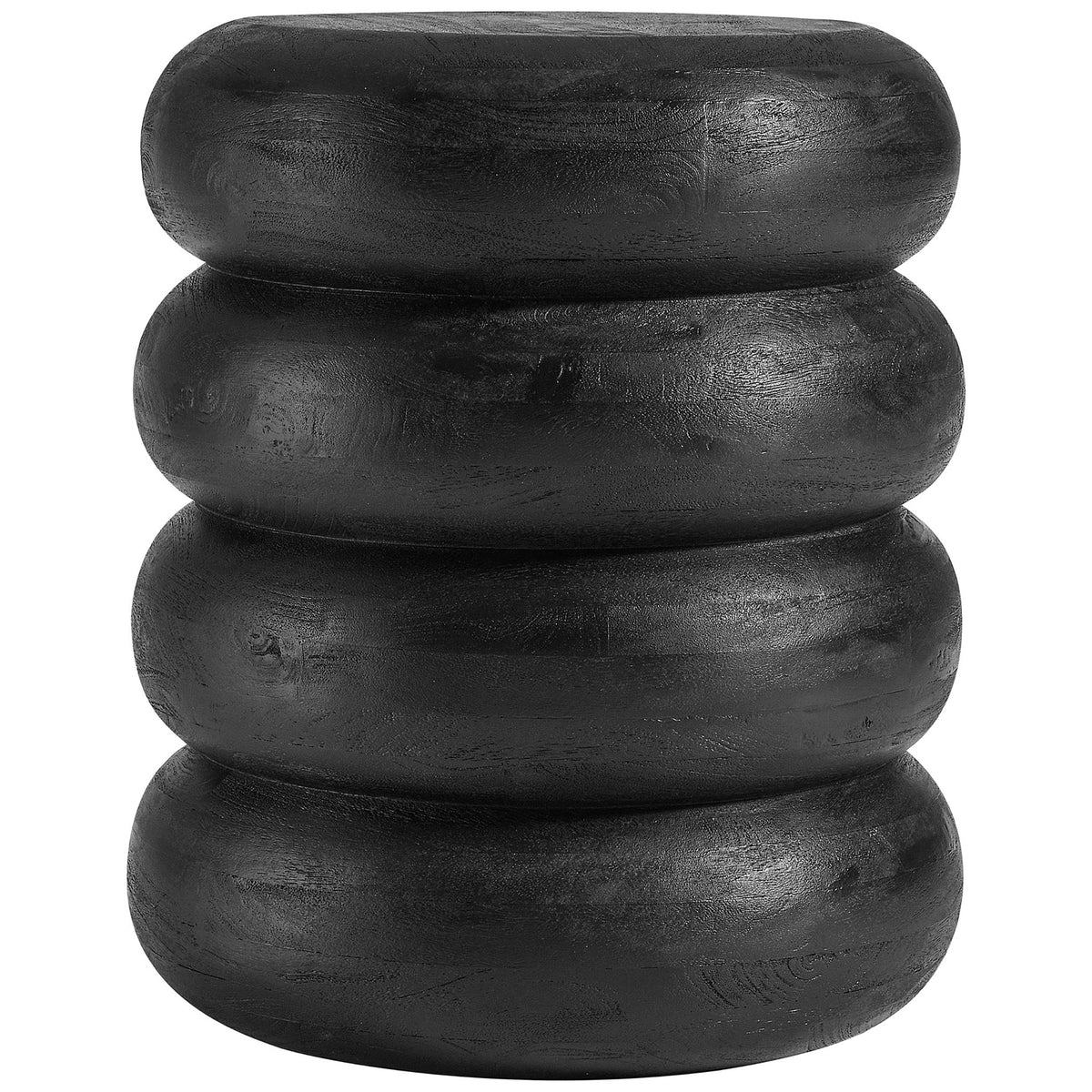 Round black stacked mango wood side table with smooth sculpted silhouette || EEI-7106-BLK || front_studio