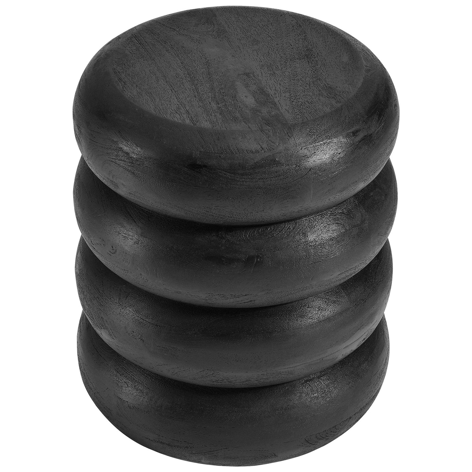 Black mango wood side table showing rounded stacked profile and circular tabletop || EEI-7106-BLK || top_angle_studio