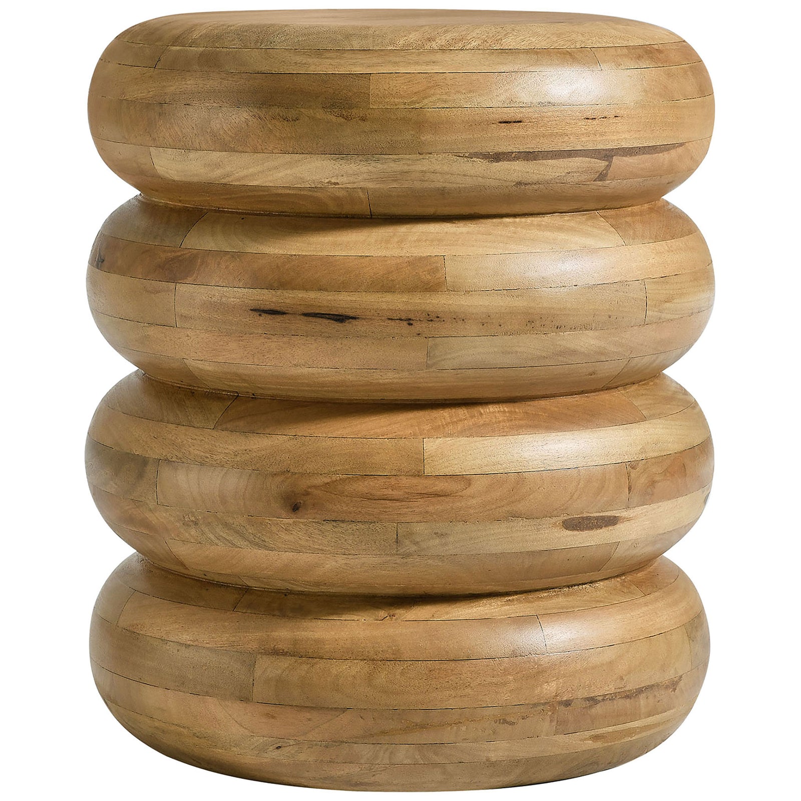 Stacked mango wood side table with smooth rounded tiers and a warm natural finish || EEI-7106-NAT || front_studio