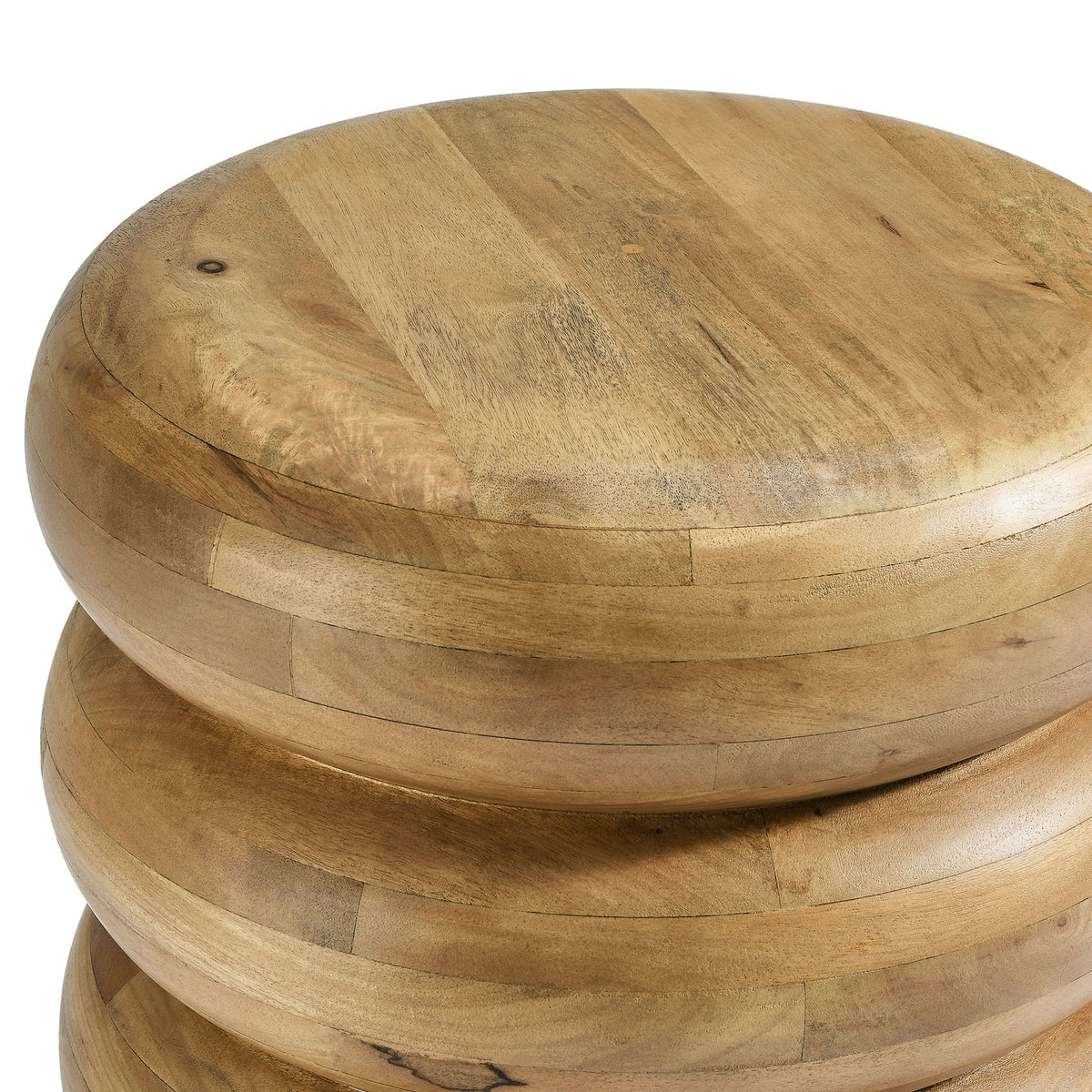 Close view of the curved stacked tiers highlighting the table's organic wood character || EEI-7106-NAT || detail_studio
