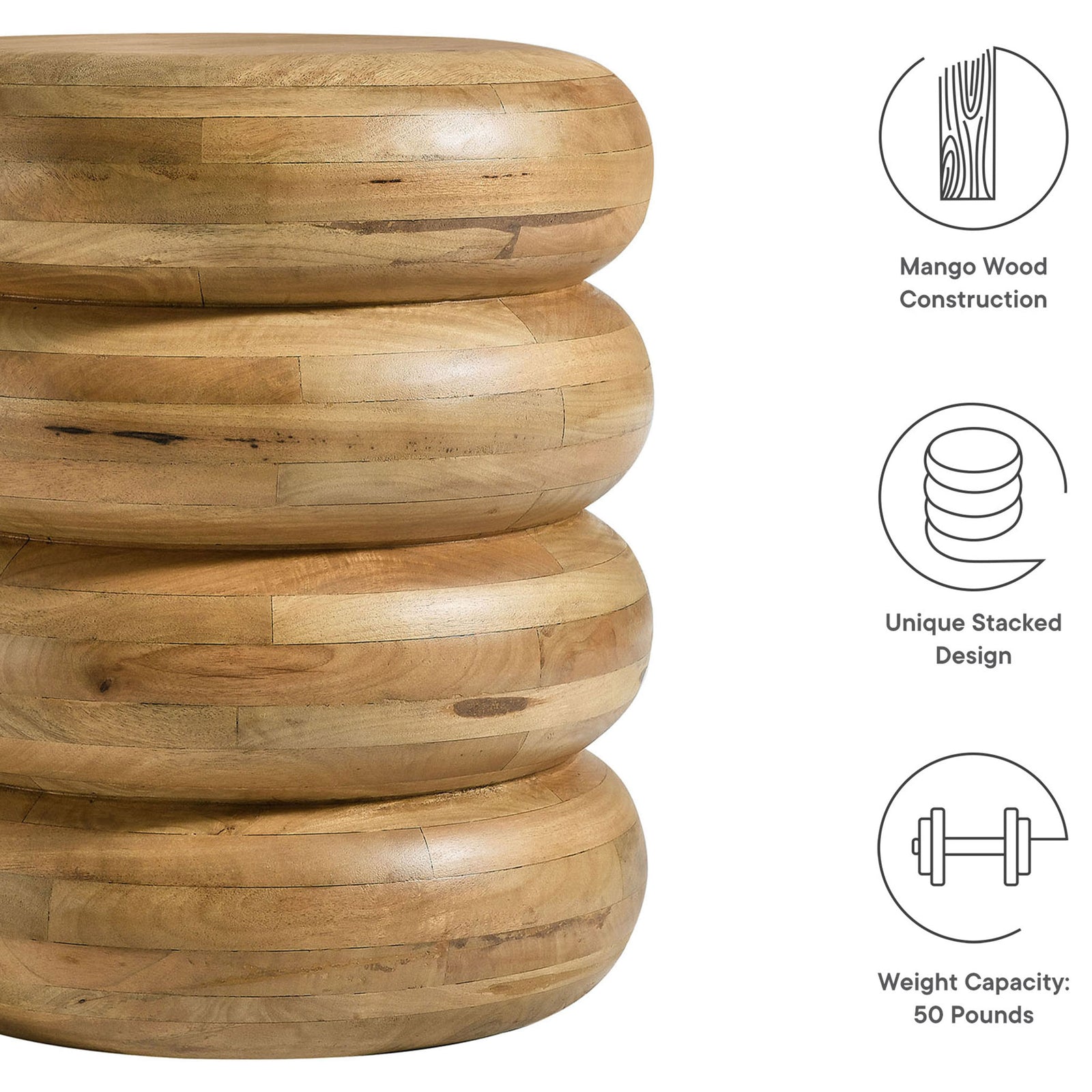 Feature graphic highlighting the mango wood construction, stacked design, and 50 lb weight capacity || EEI-7106-NAT || callout_studio