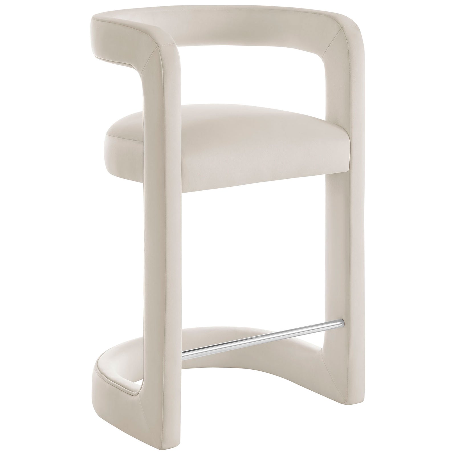 Curved barrel-back counter stool in alabaster velvet with sleek stainless steel footrest || EEI-7107-ALA || front_angle_studio