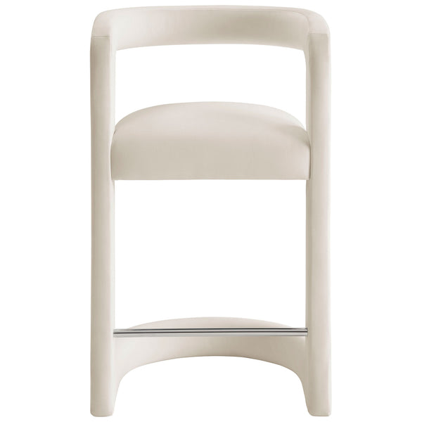 Modern counter stool with cushioned seat and arched base, finished in alabaster performance velvet || EEI-7107-ALA || front_studio