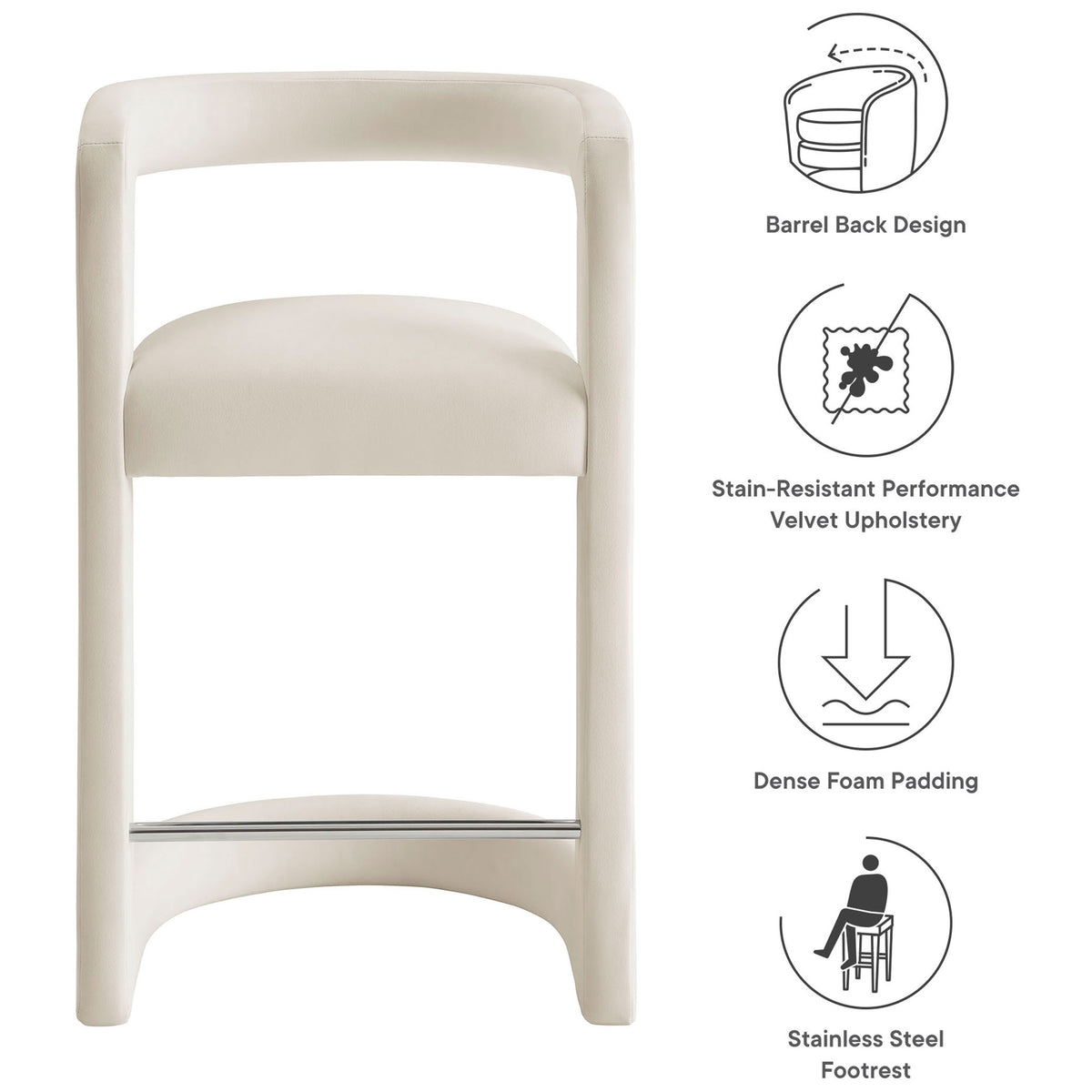 Key features: barrel-back design, stain-resistant velvet, dense foam, stainless steel footrest || EEI-7107-ALA || callout_studio
